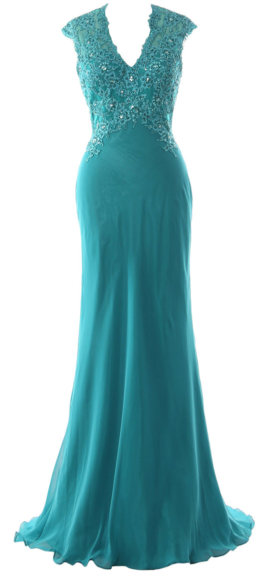 MACloth Women Mother of Bride Dresses Mermaid V Neck Lace Evening Formal Gown