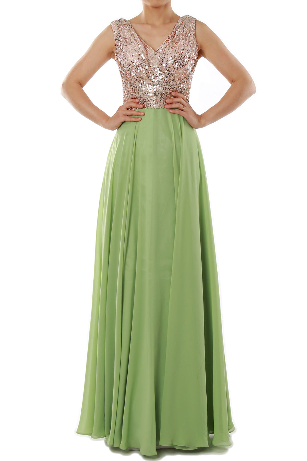 MACloth Women Sleeveless Long Bridesmaid Dresses V Neck Sequin Evening Gown