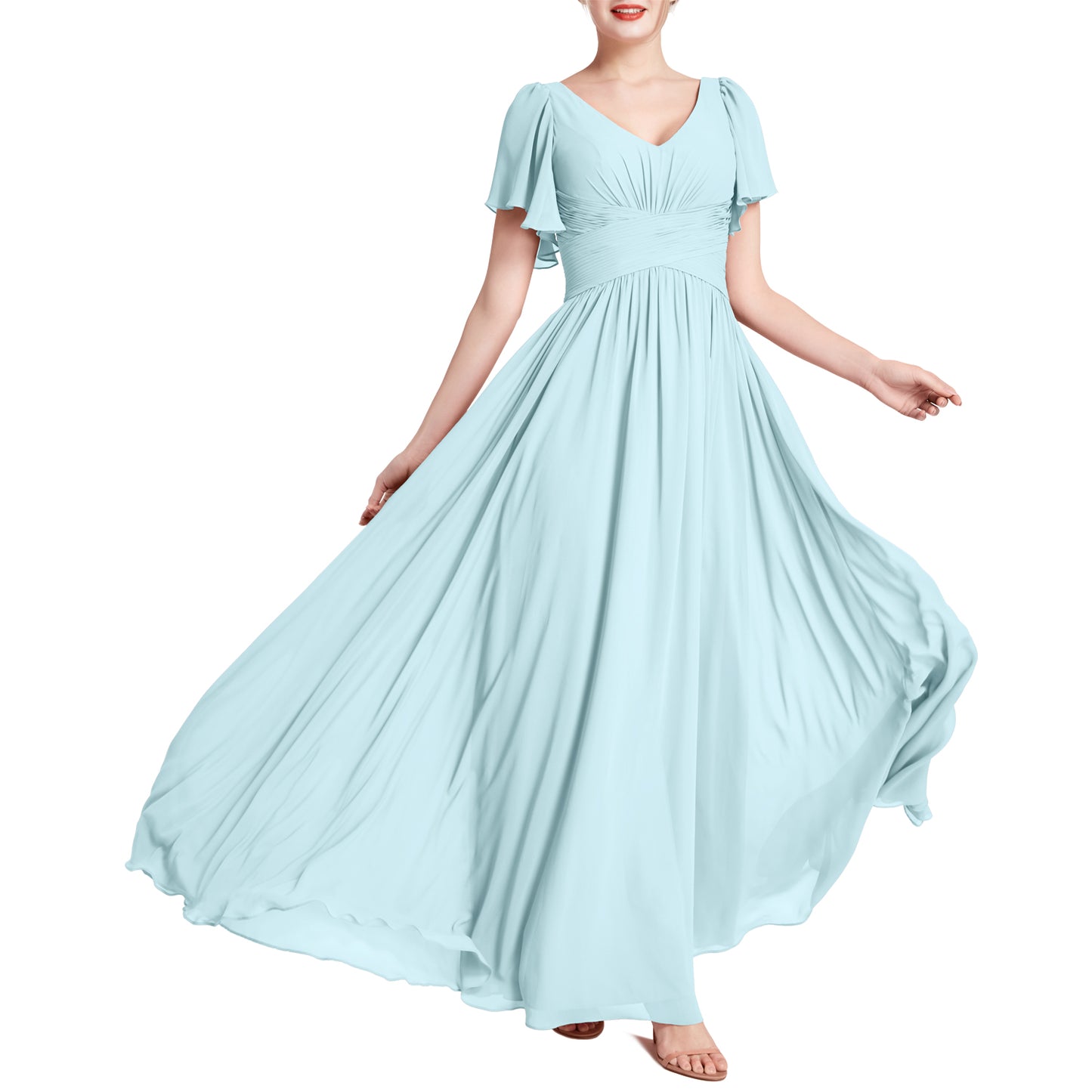 MACloth Vestidos de dama de honor románticos para fiesta de boda con cuello en V y manga corta para mujer