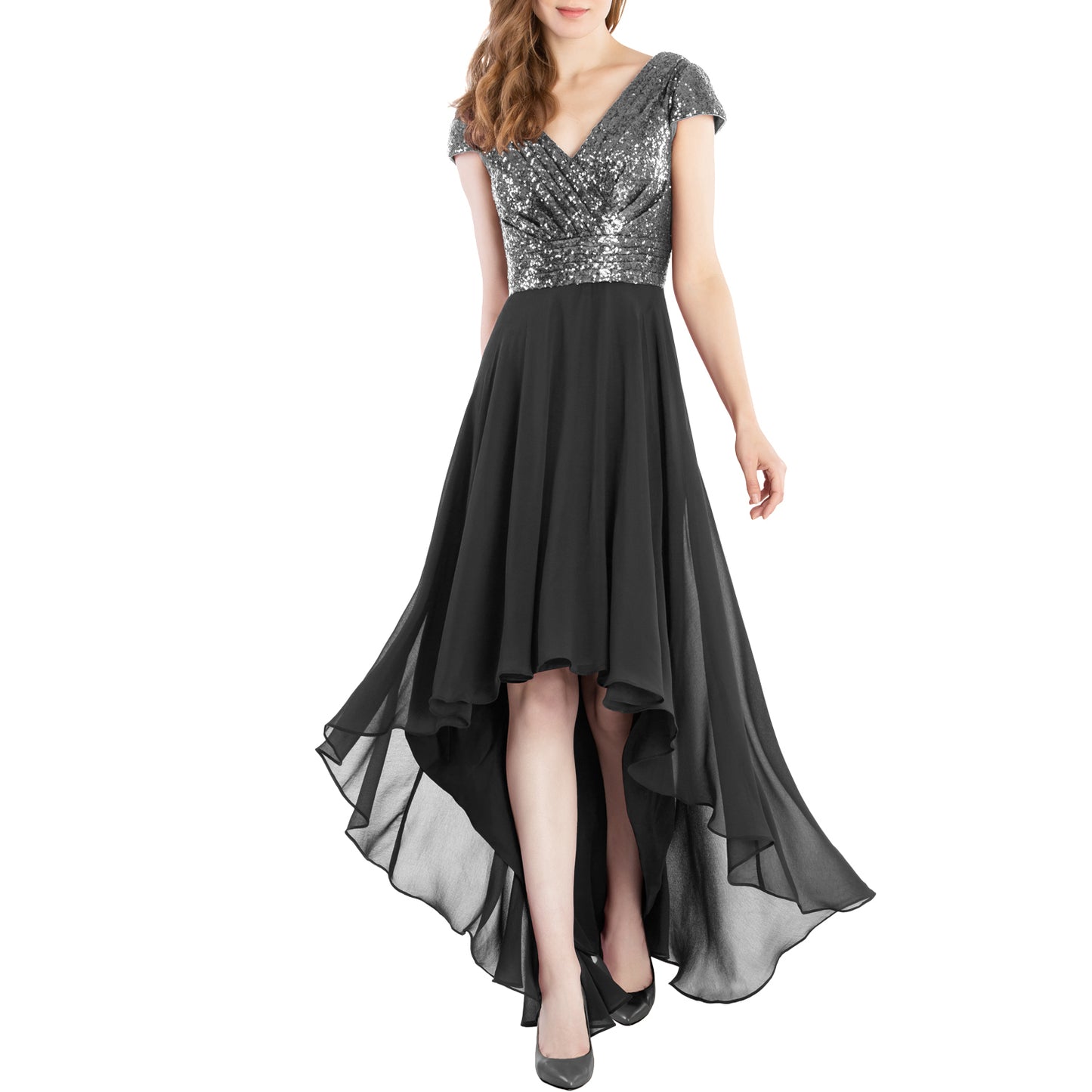 MACloth Mother of Bride Dresses Cap Sleeves High Low Sequin Wedding Formal Gown Silver Black / Above Knee / Custom Size MACloth Mother of Bride Dresses Cap Sleeves High Low Sequin Wedding Formal Gown Silver Black / Above Knee / Custom Size