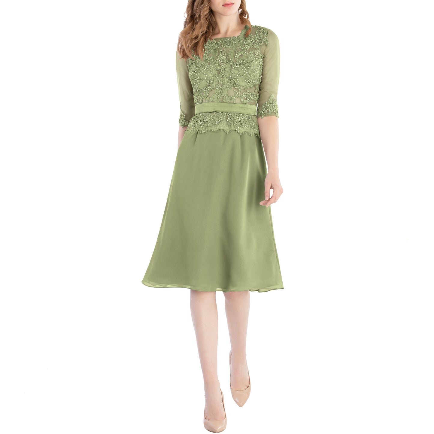 MACloth Damen-Kleid mit Rundhalsausschnitt, Perlenspitze, kurze Halbärmel, für die Brautmutter, Hochzeit, Brautparty