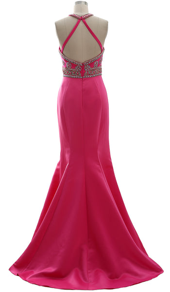 MACloth Women Halter Beaded Open Back Formal Evening Gown Satin Long Prom Dress