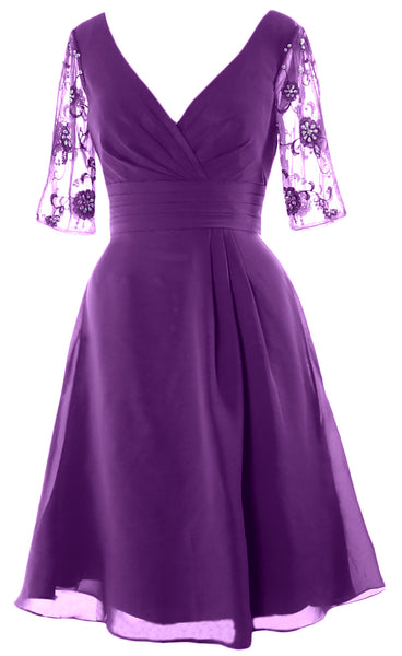 MACloth Mother of Bride Short Dresses Half Sleeves V Neck Cocktail