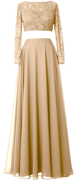 MACloth Women Lace Chiffon Formal Evening Gown 2 Piece Long Sleeves Prom Dresses