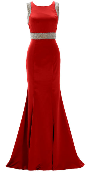 MACloth Women Boat Neck with Beaded Formal Evening Gown Sheath Satin Prom Dress