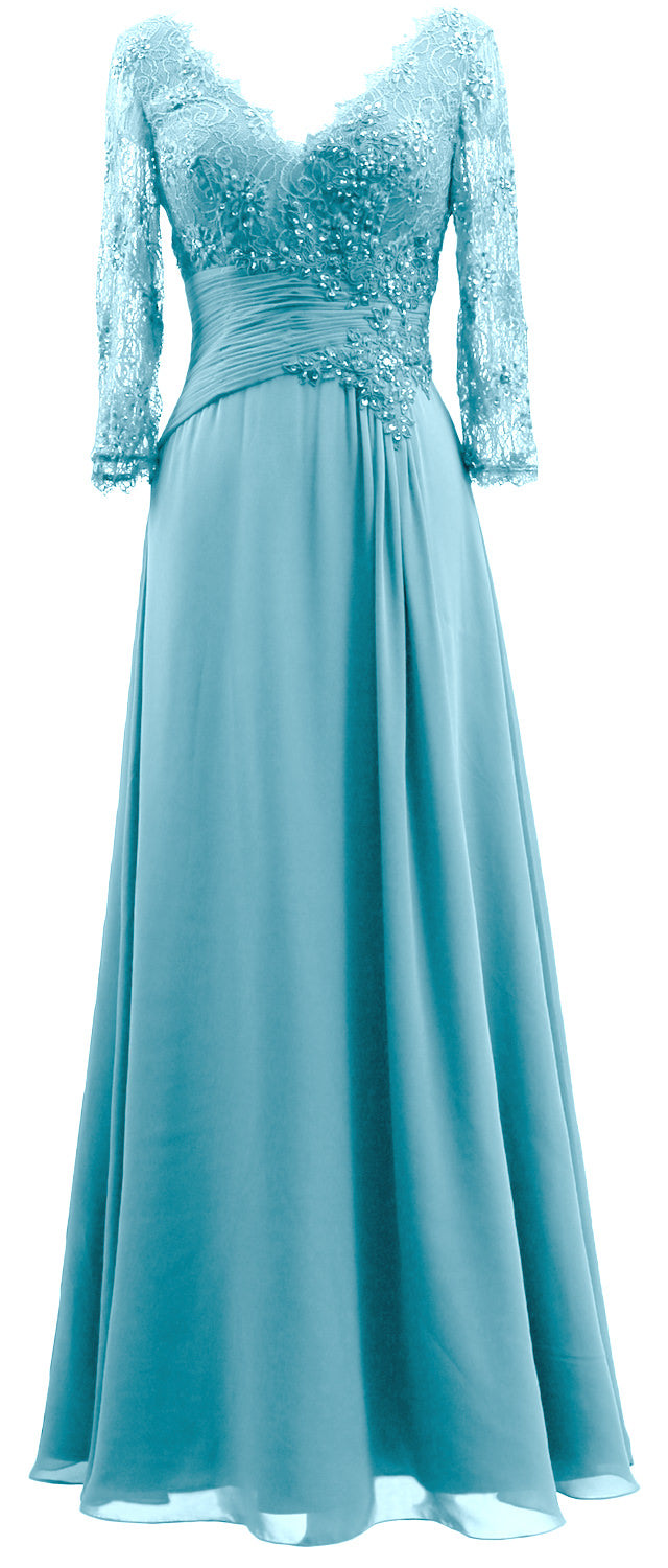 MACloth Women V Neck Long Mother of Bride Dresses 3/4 Sleeve Formal Evening Gown