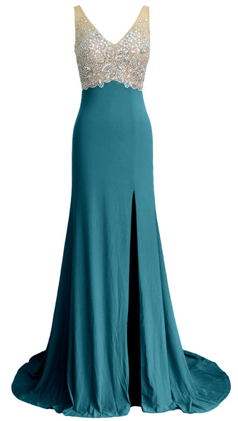 MACloth Elegant Mermaid V Neck Long Prom Dress Jersey Formal Party Evening Gown