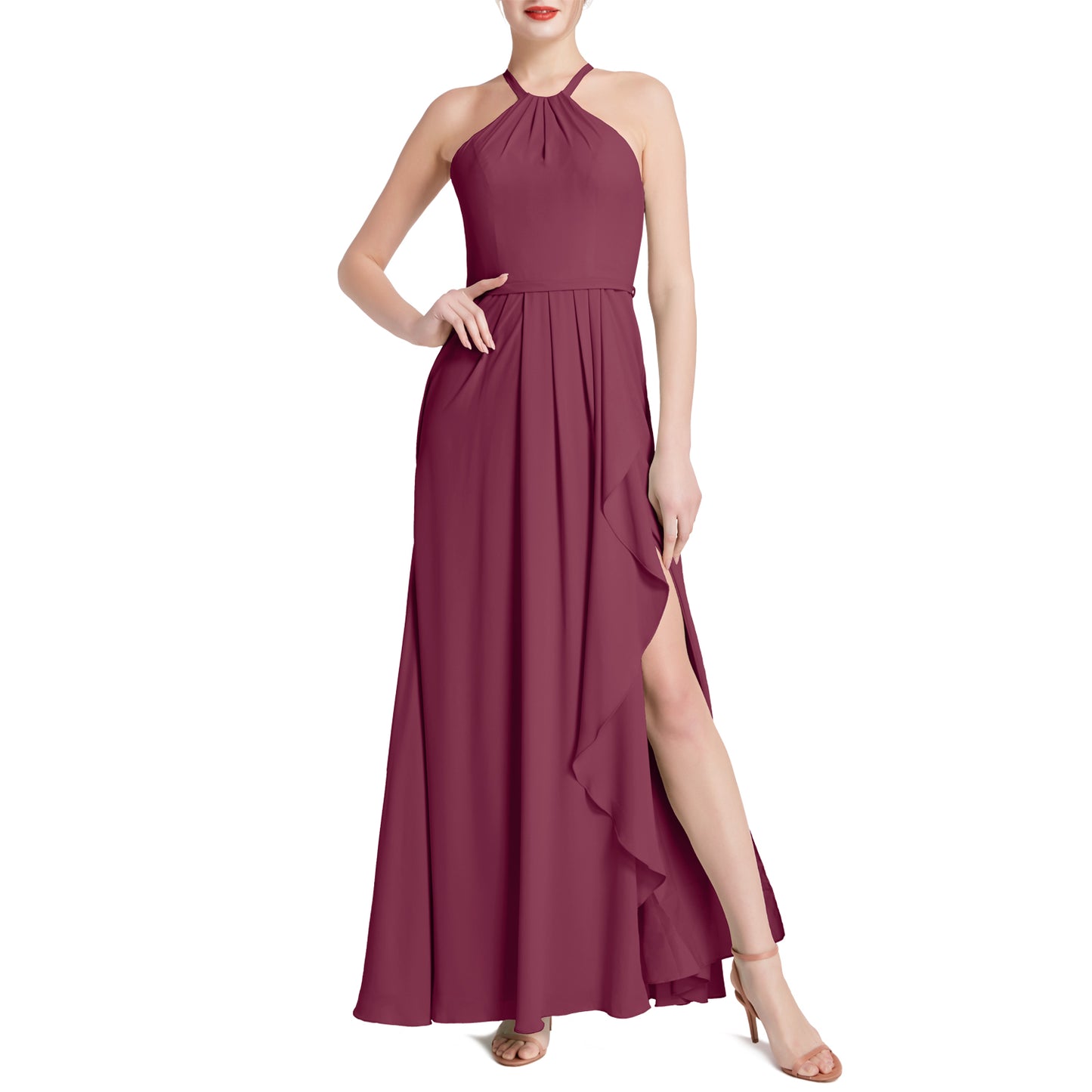 MACloth Damen Neckholder Langes Maxikleid für Hochzeit, Party, Brautjungfern, mit drapiertem Schlitz