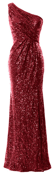MACloth Sequin Prom Dresses with Split Mermaid One Shoulder Formal Evening Gown