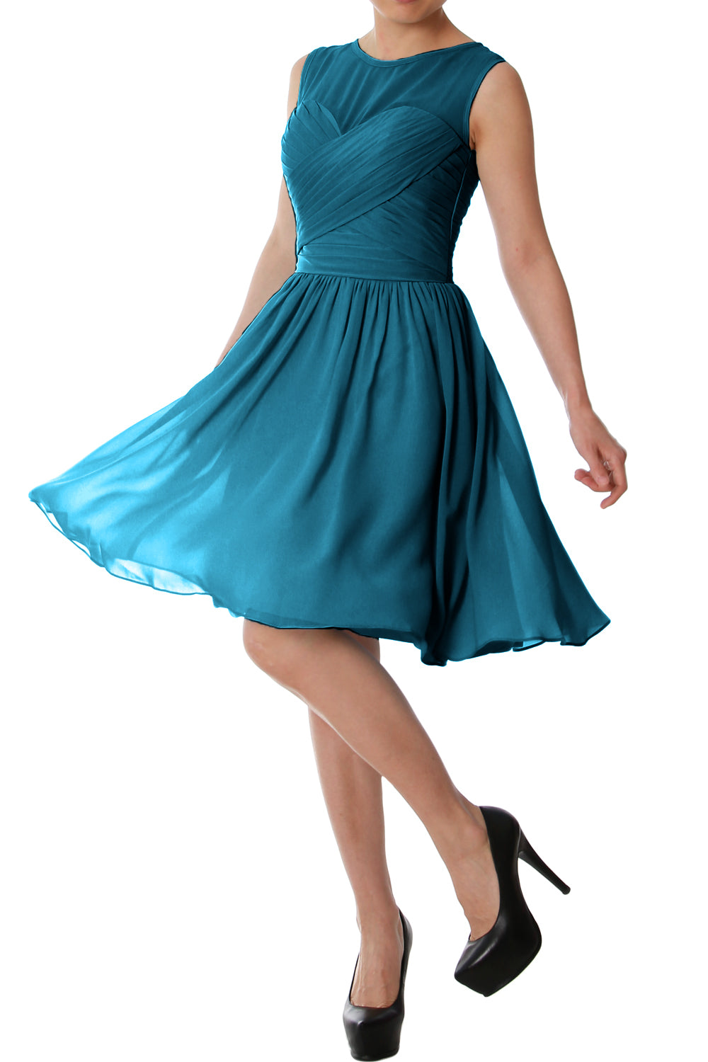 Vestido de dama de honor corto con cuello redondo elegante de MACloth, vestido formal de gasa para fiesta de boda