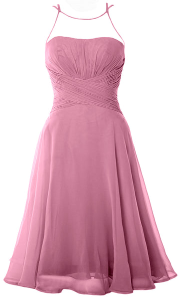 MACloth Elegant Illusion Short Cocktail Dress Chiffon Wedding Party Formal Gown