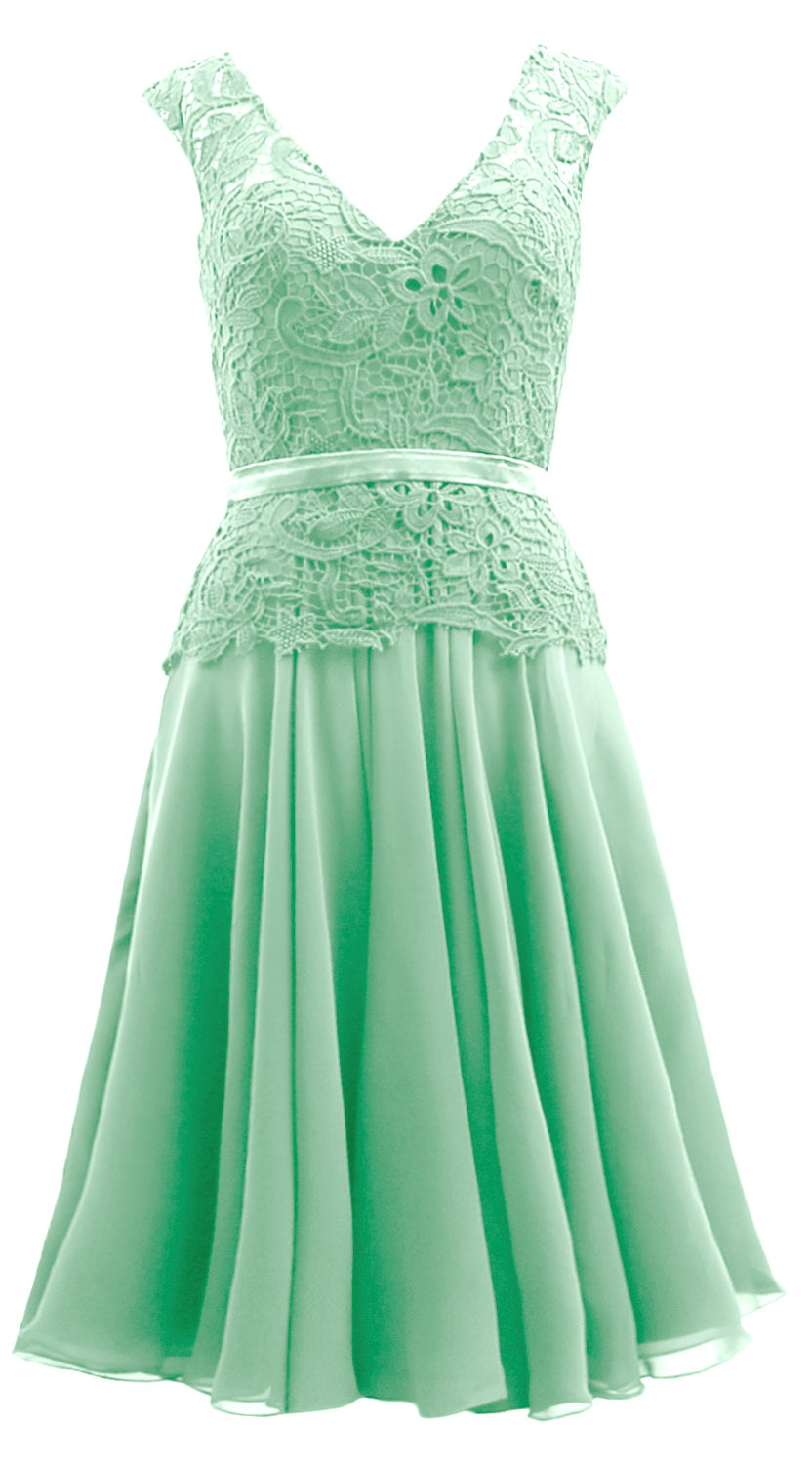 MACloth Women V Neck Lace Chiffon Party Formal Gown Midi Mother of Bride Dress