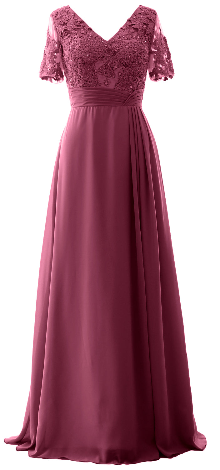 MACloth Women V Neck Long Mother of Bride Dresss Lace Evening Gown Short Sleeves
