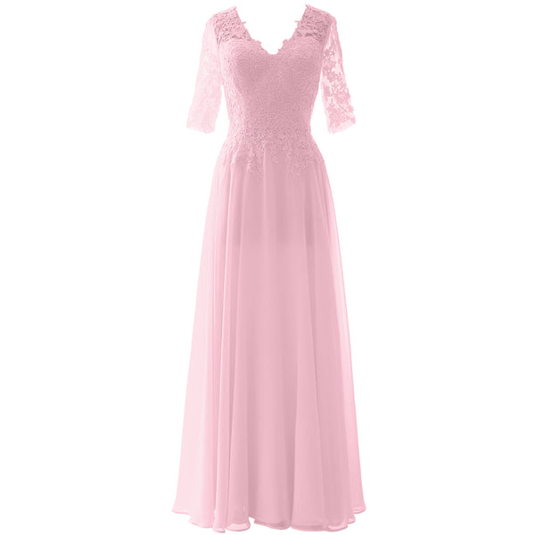 MACloth Long Maxi Mother Bride Dresses Short Sleeve Lace V Neck Evening Gown