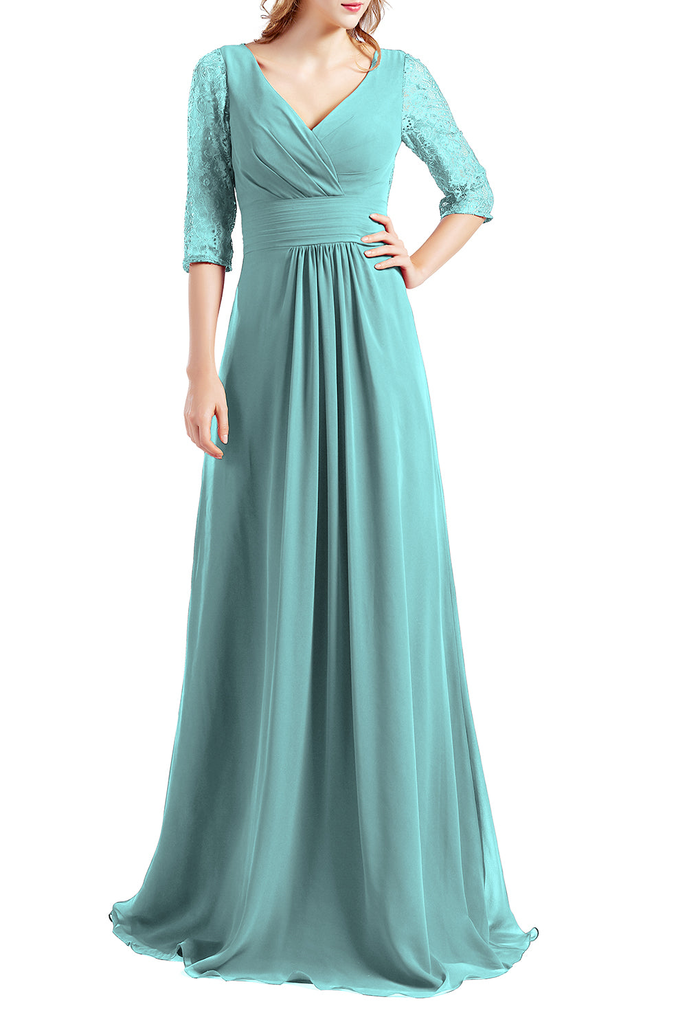MACloth Damen-Kleid, Halbarm, V-Ausschnitt, Spitze, lang, für Hochzeit, Party, Brautjungfer, Mutter