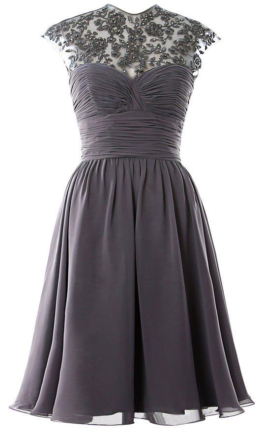 Vestido de dama de honor corto de encaje con mangas cortas y cuello alto para mujer, vestido de fiesta de boda