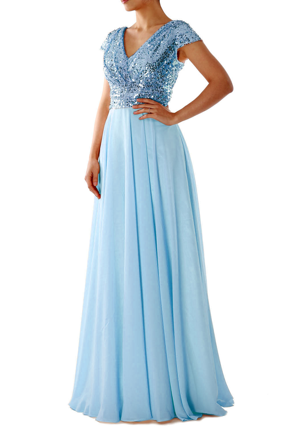 Cap Sleeves V Neck Sequin Chiffon Rose Gold Bridesmaid Dress