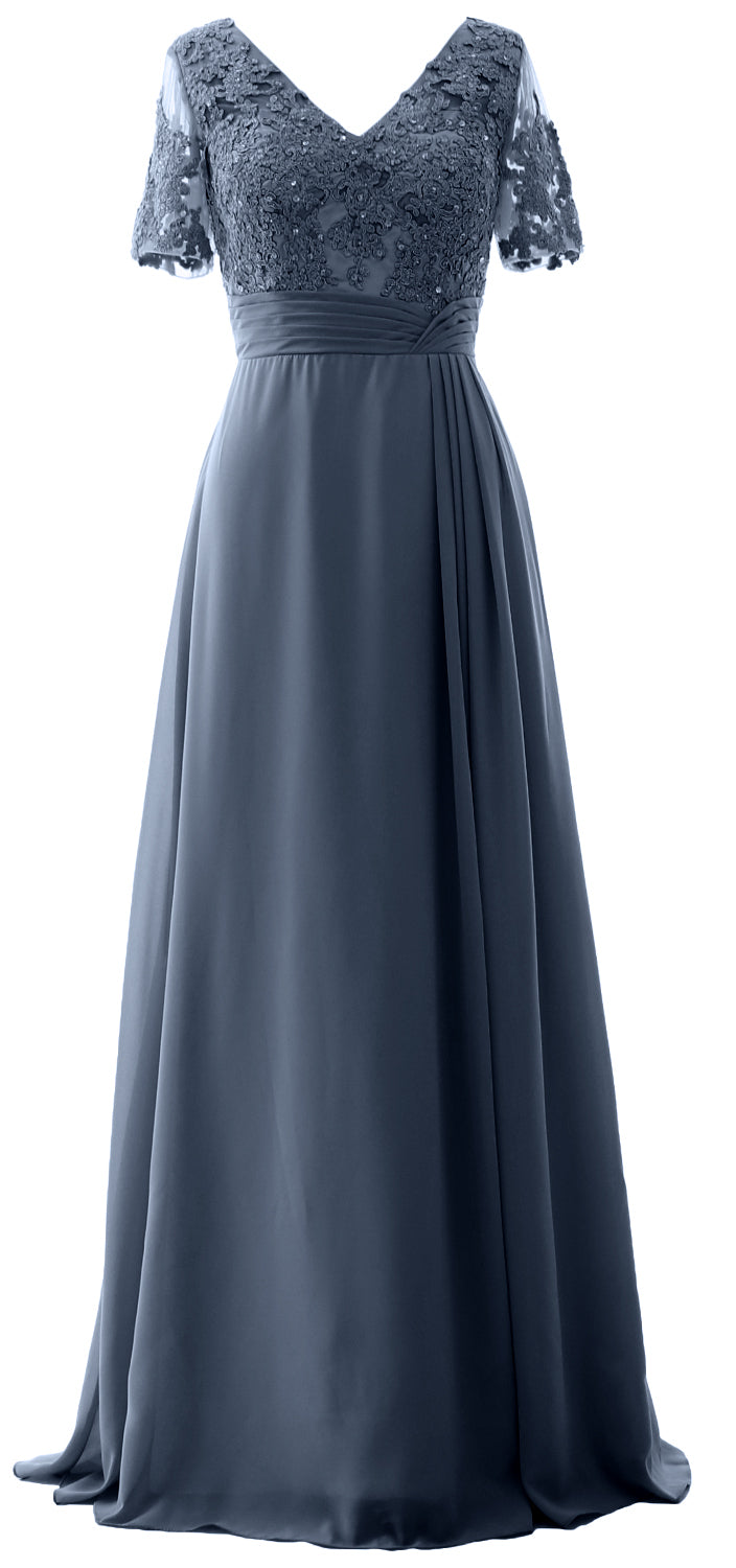MACloth Women V Neck Long Mother of Bride Dresss Lace Evening Gown Short Sleeves