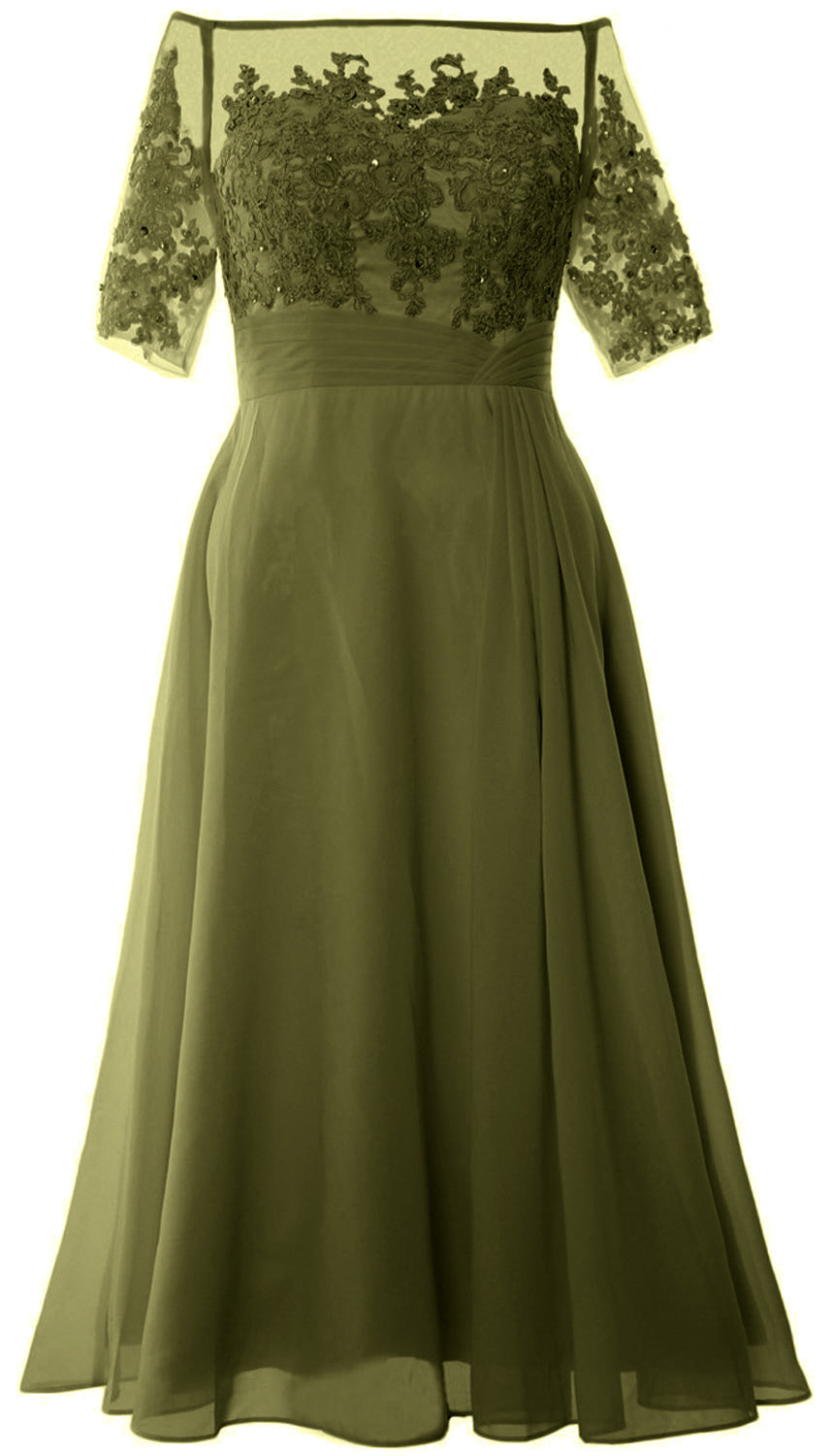 Vestidos de madre de la novia de MACloth, mangas cortas, midi, hombros descubiertos, semi formales