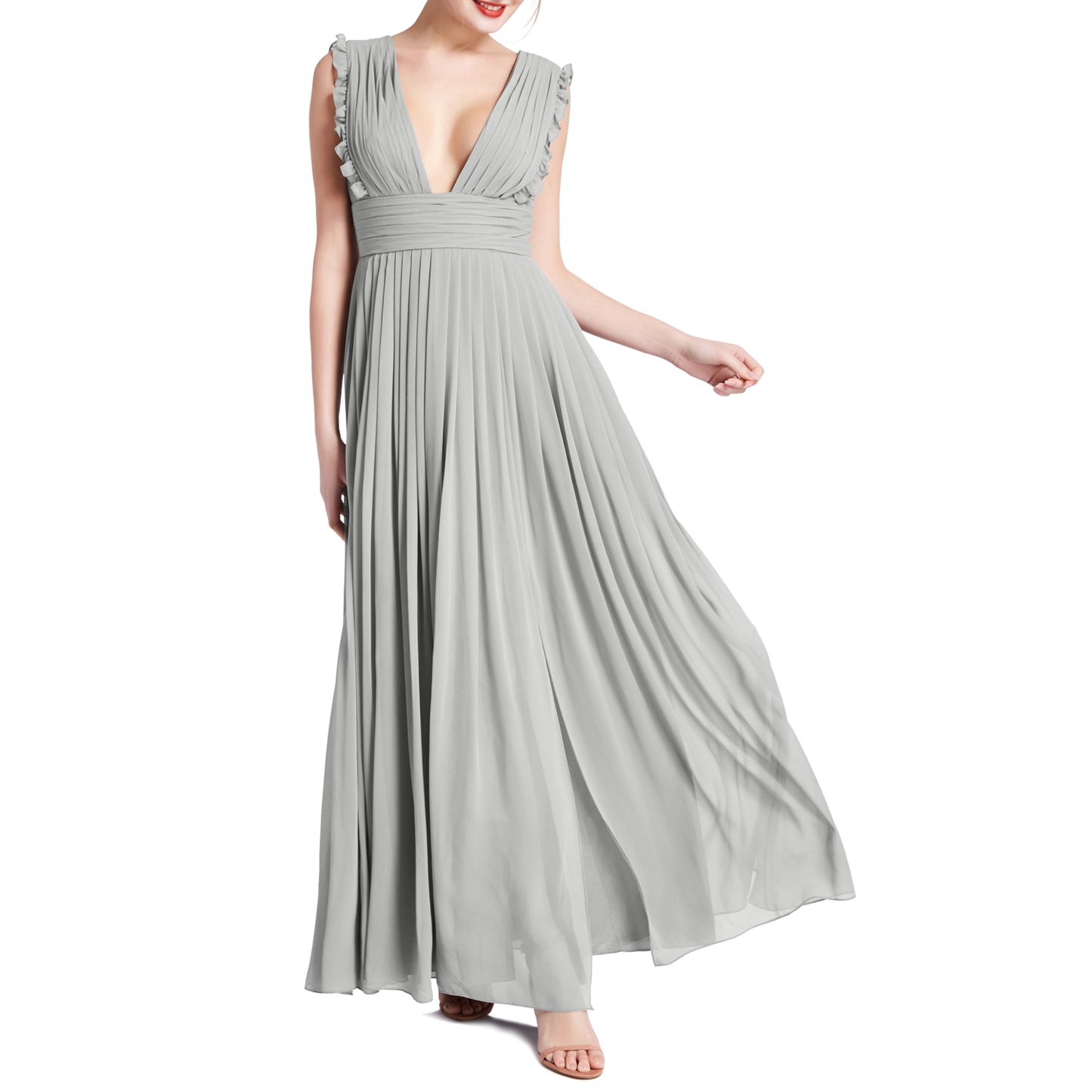 MACloth Women V Neck Ruffle Long Pleated Wedding Party Bridesmaid Dresses