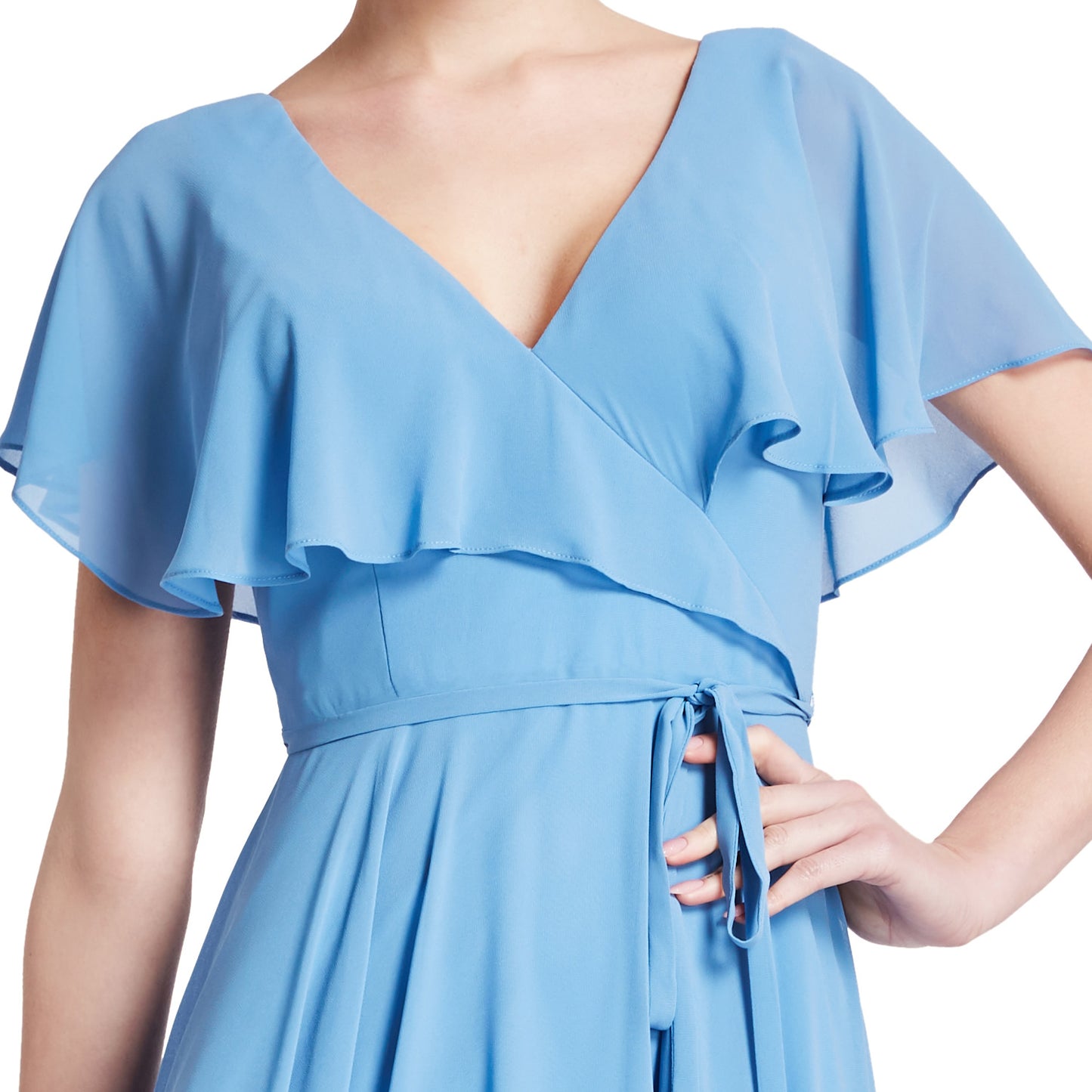 MACloth Women V Neck Ruffle BatWing Short Sleeve Maxi Wedding Bridesmaid Dresses