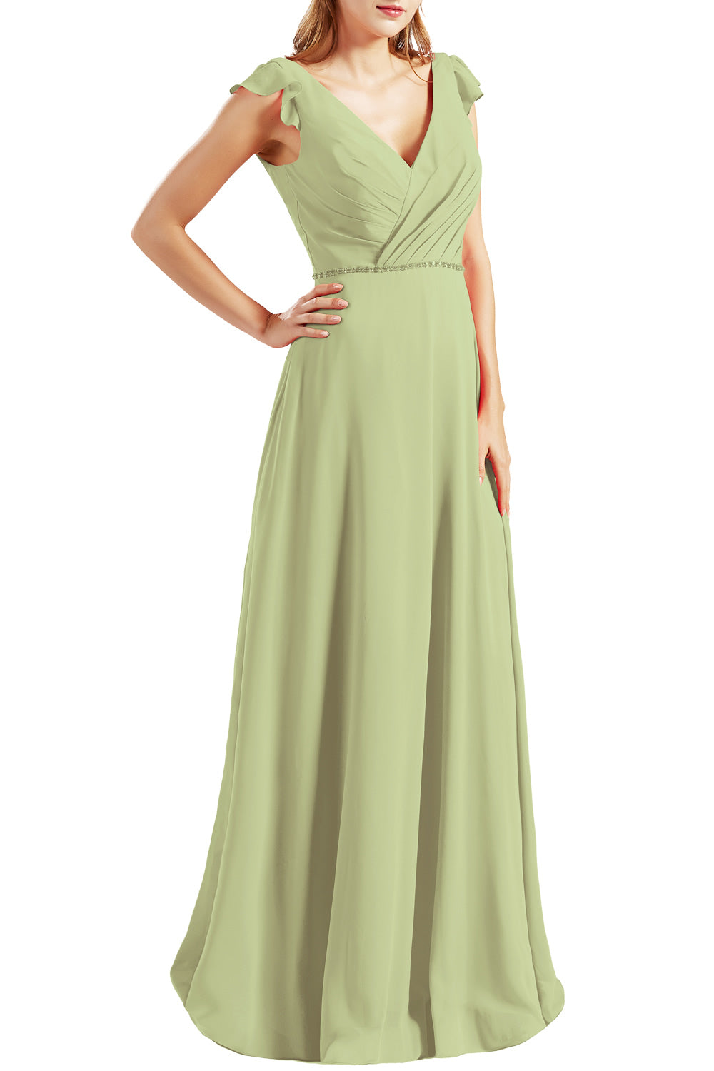 MACloth Women Cap Sleeves V Neck Chiffon Long Bridesmaid Dresses Evening Gown