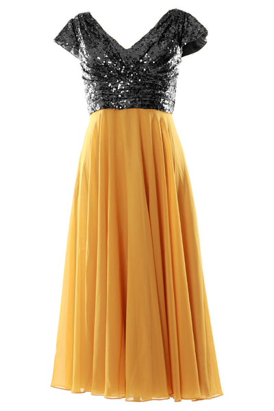 MACloth Women Mother of Bride Dresses Tea Length Sequin Cap Sleeves Bridesmaid
