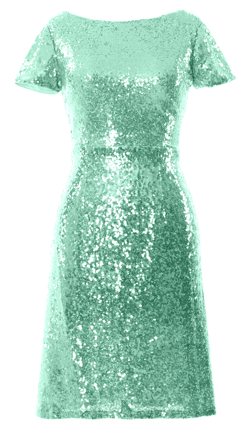 MACloth Damen Kurze Ärmel Knielange Pailletten Brautjungfern Cocktailkleider