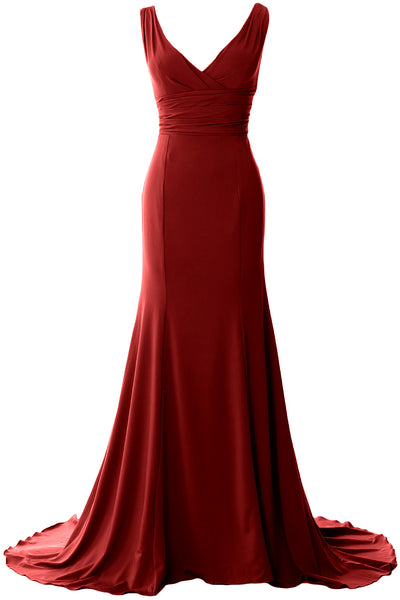 MACloth Long Mermaid Jersey Prom Dresses V-Neck Sleeveless Evening Party Gown