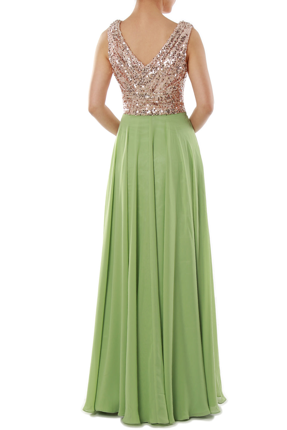 MACloth Women Sleeveless Long Bridesmaid Dresses V Neck Sequin Evening Gown