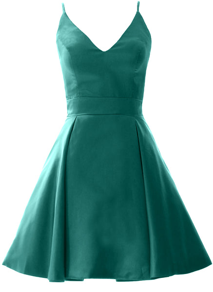 MACloth Mini Prom Homecoming Dresses V Neck Satin Wedding Guest Formal Gown