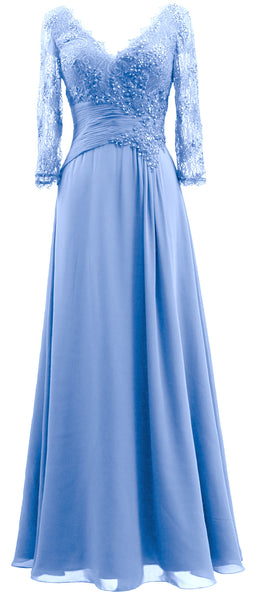 MACloth Women V Neck Long Mother of Bride Dresses 3/4 Sleeve Formal Evening Gown