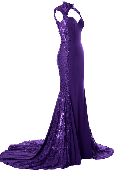 MACloth Women Prom Dresses Mermaid High Neck Sleeveless Lace Formal Evening Gown