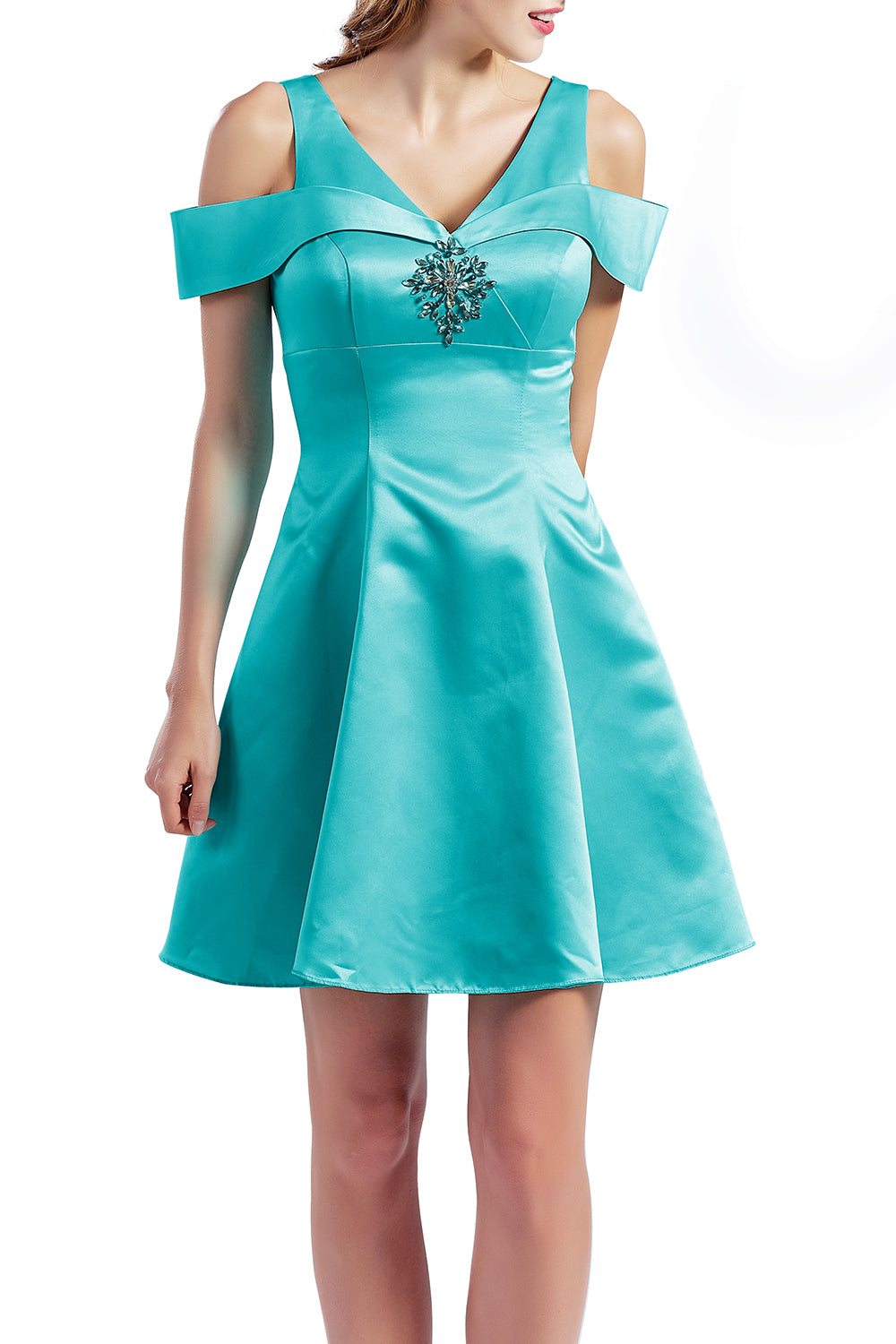 MACloth Women Short Cold Shoulder V Neck Satin Homecoming Dresses Wedding Guest