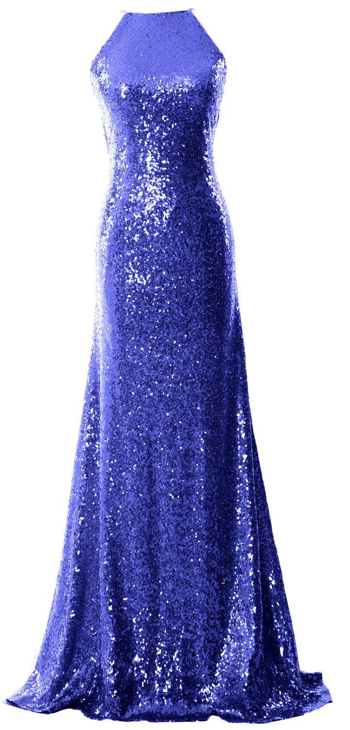 MACloth Women Bridesmaid Dress Sequin Long Halter Cowlback Prom Ball Gown