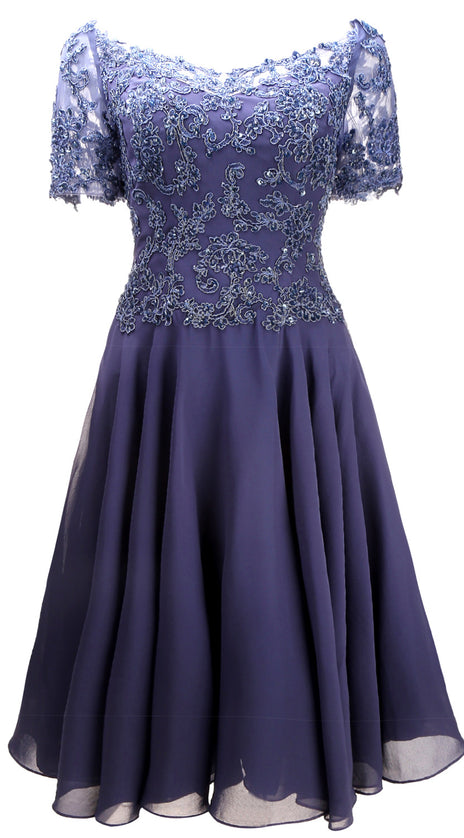 MACloth Women Short Sleeves Formal Gown V Neck Lace Midi Mother of Bride Dress
