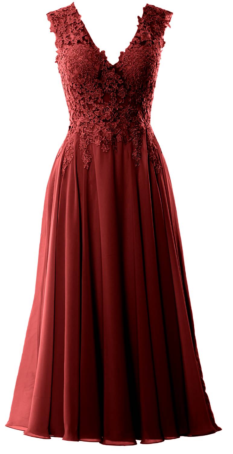 MACloth Women V Neck Lace Mother Bride Dresses Midi Tea Length Wedding Dinner