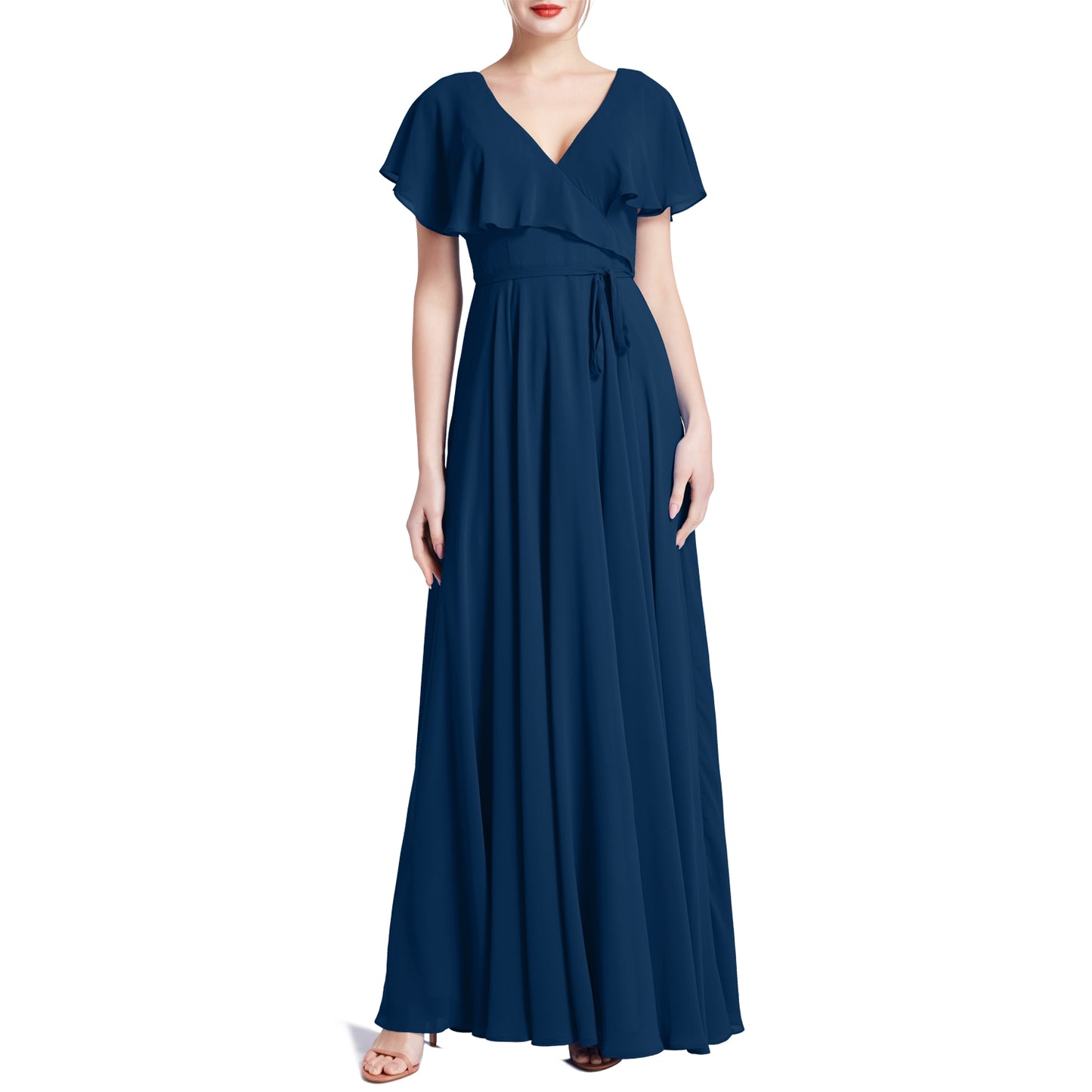 MACloth Women V Neck Ruffle BatWing Short Sleeve Maxi Wedding Bridesmaid Dresses