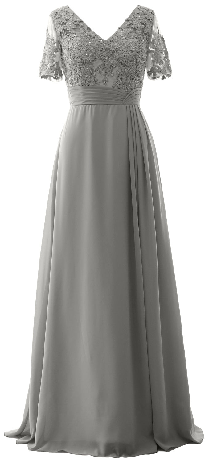MACloth Women V Neck Long Mother of Bride Dresss Lace Evening Gown Short Sleeves