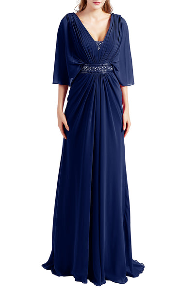 MACloth Women Elegant Long V Neck Mother of Bride Dresses Evening Gown Sleeves