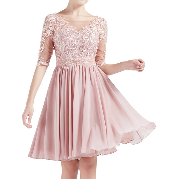 MACloth Women Half Sleeves Short Lace Beading Boat Neckline Mother of Bride Dresses Wedding Bridal Party