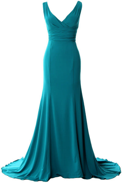 MACloth Long Mermaid Jersey Prom Dresses V-Neck Sleeveless Evening Party Gown