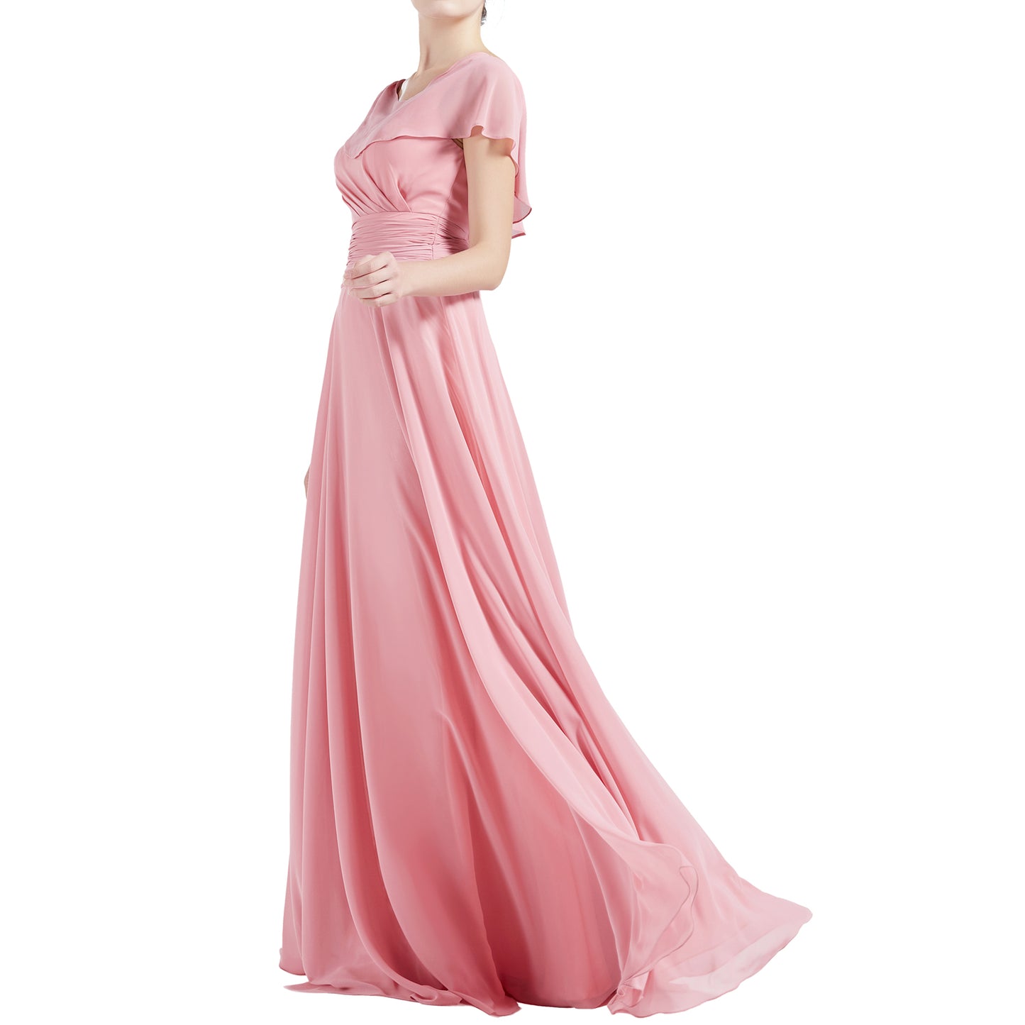 MACloth Damen O-Ausschnitt Rüschen Kurze Ärmel A-Linie Maxikleid Hochzeit Brautjungfernkleid