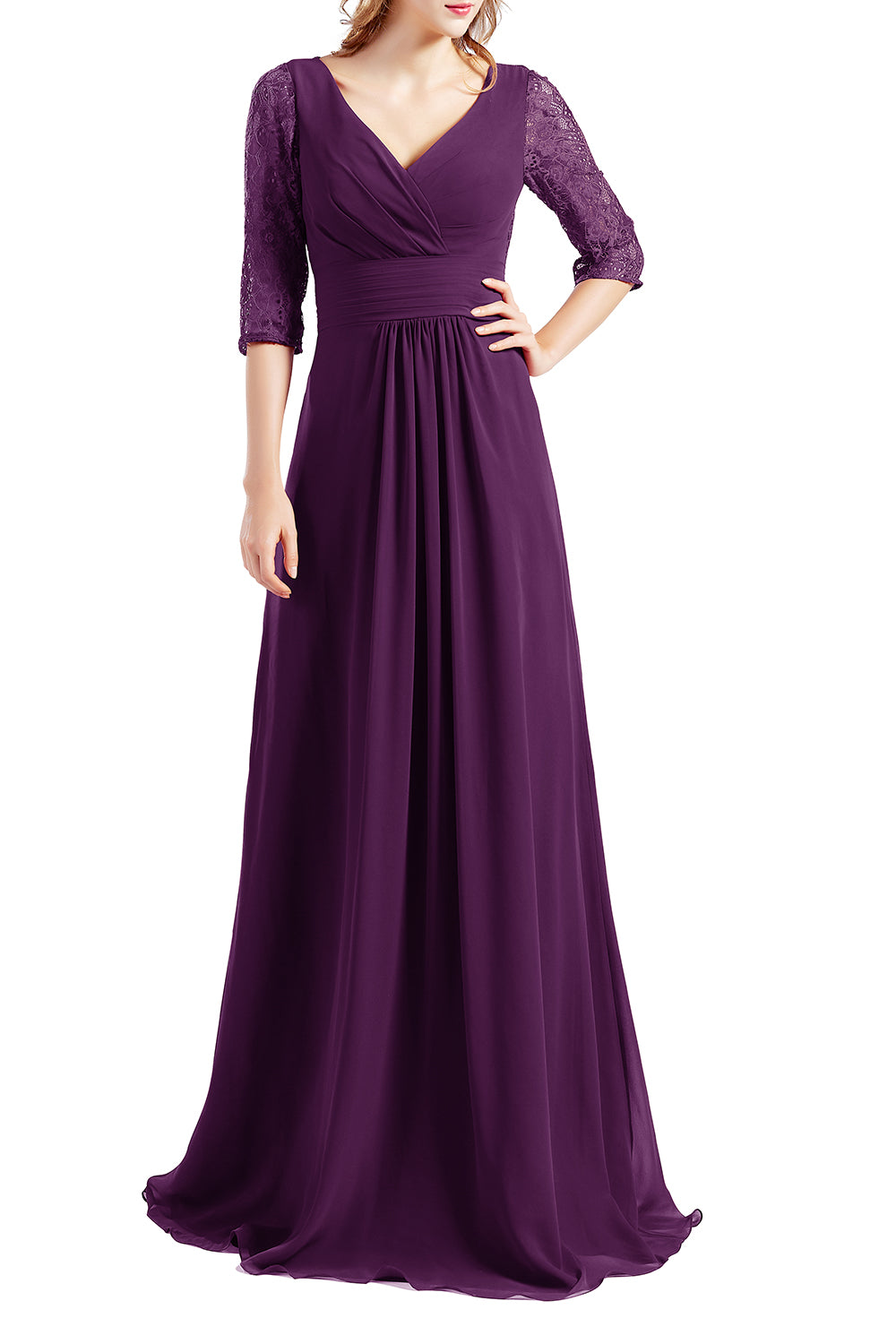 MACloth Damen-Kleid, Halbarm, V-Ausschnitt, Spitze, lang, für Hochzeit, Party, Brautjungfer, Mutter