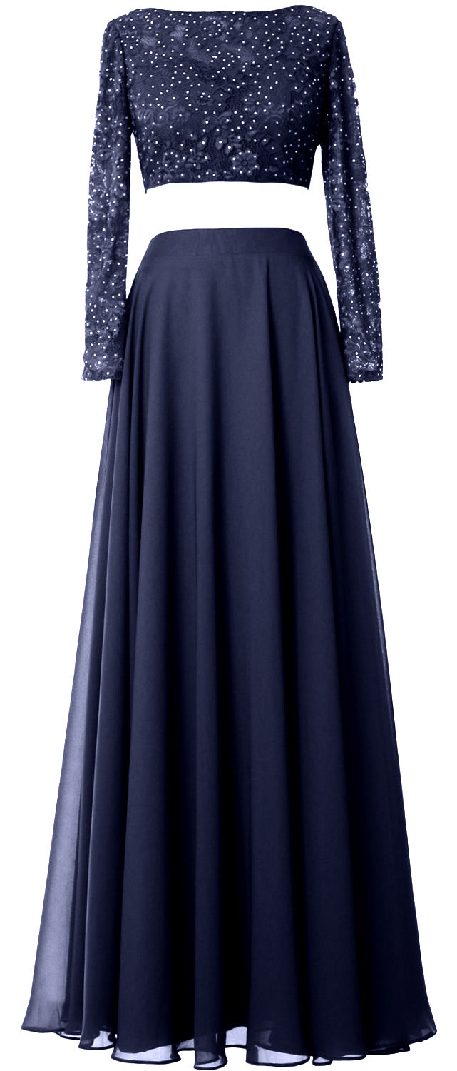 MACloth Damen Abendkleid aus Spitze und Chiffon, 2-teilig, lange Ärmel, Ballkleid