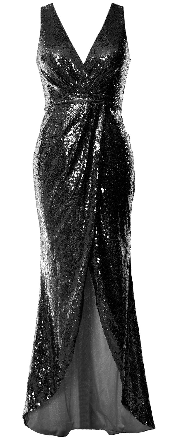 MACloth Women Sequin V Neck Wrap Long Bridesmaid Dresses Wedding Prom Gown