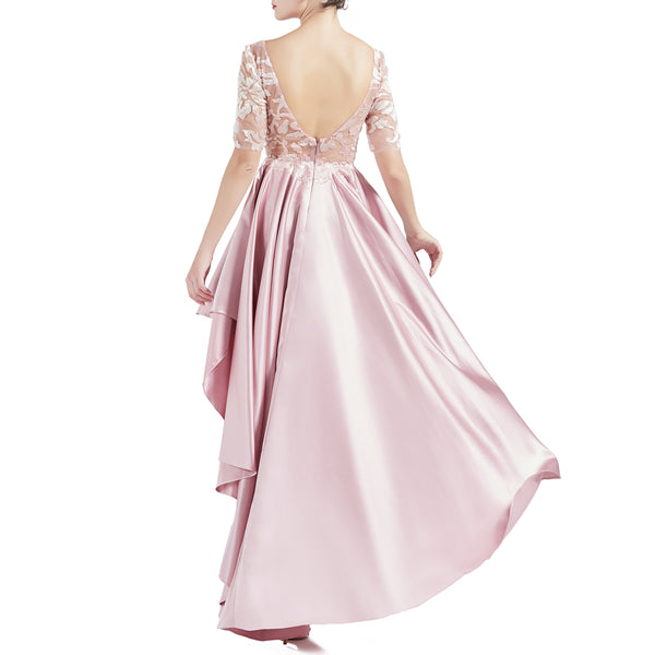 MACloth Women Scoop Neckline Half Sleeve High Low Lace Satin Prom Party Homecoming Dresses