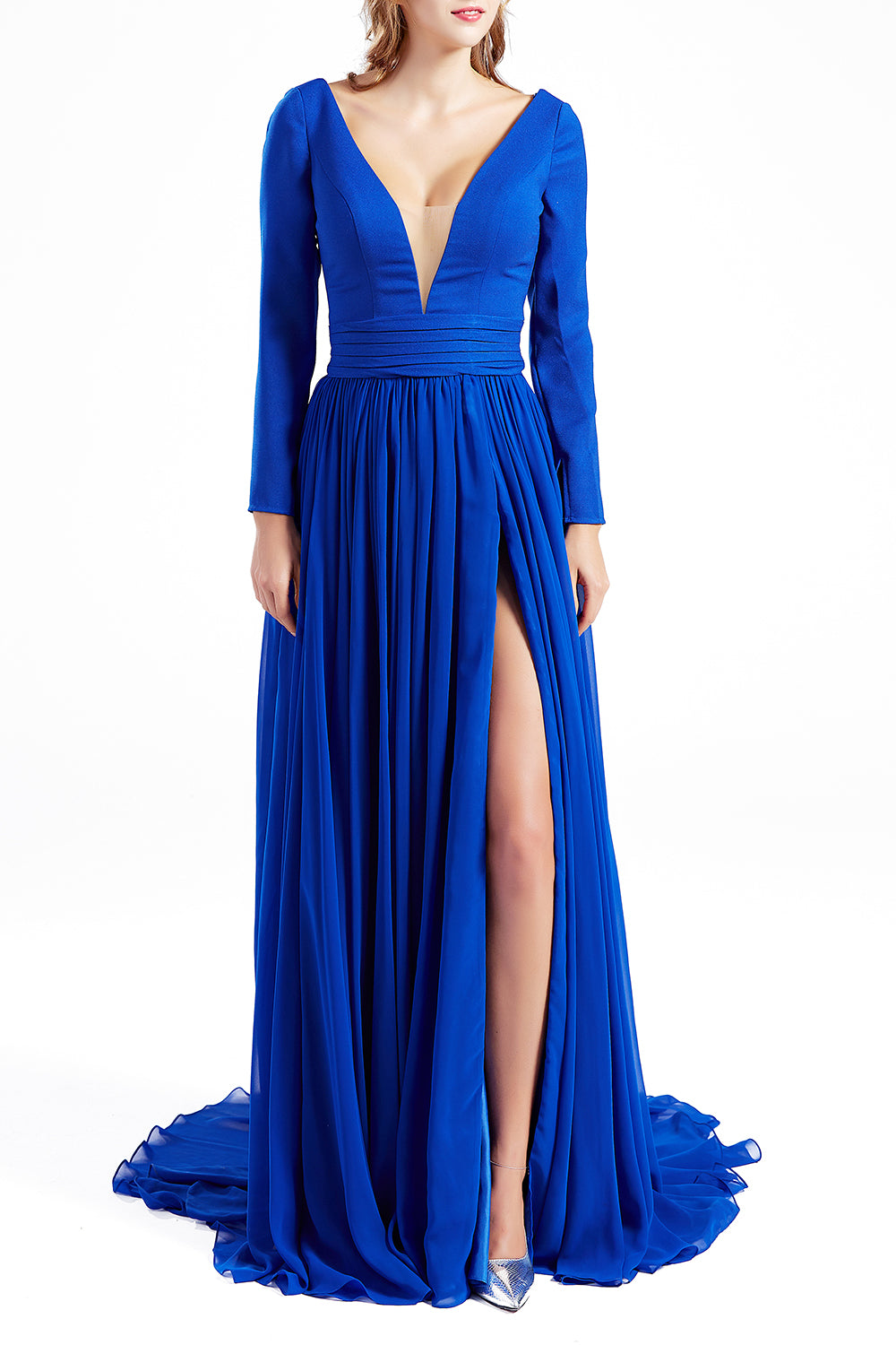 MACloth Women Plunging V Neck Long Sleeve Formal Evening Dress Prom Party Gown