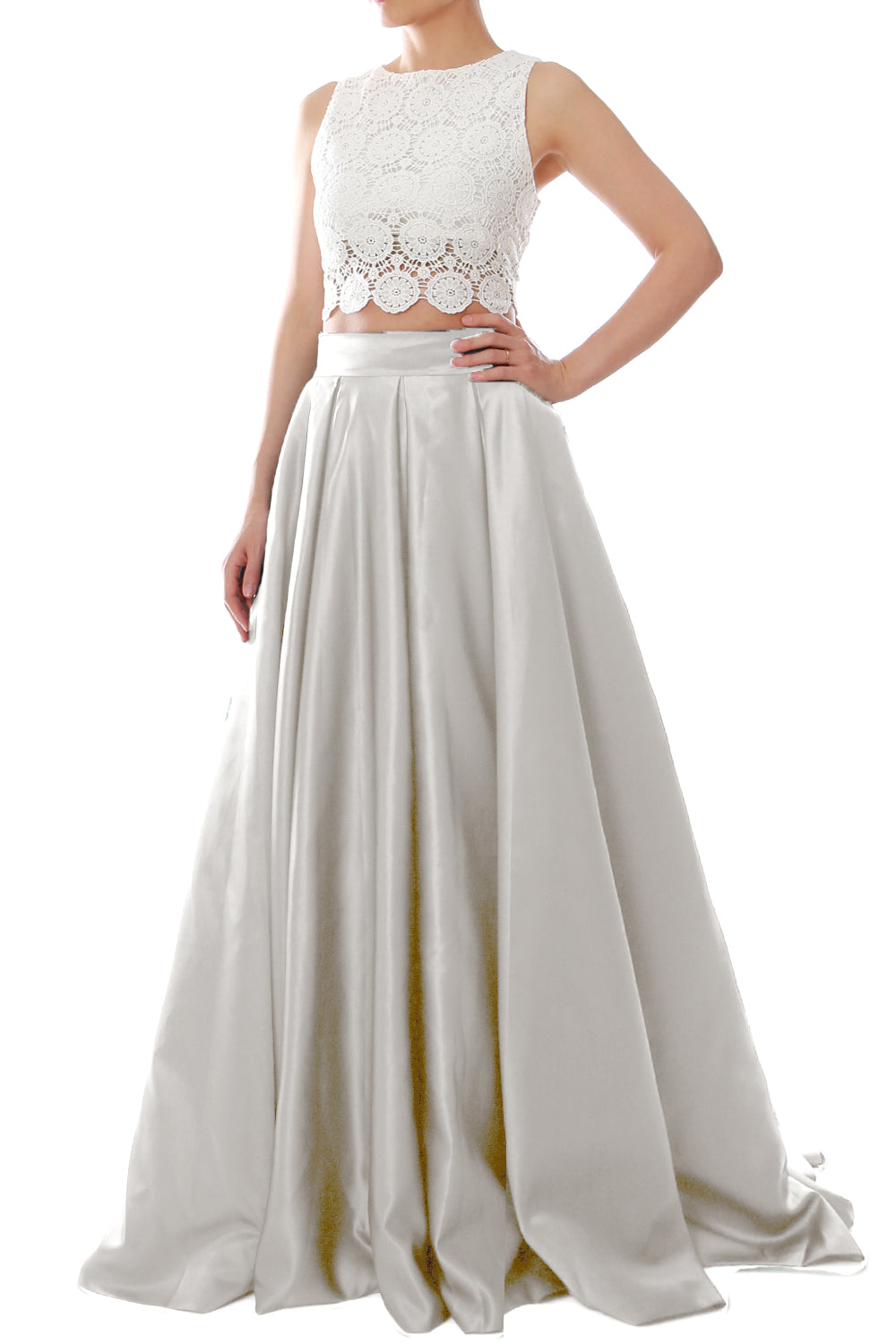 MACloth Women Two Piece O Neck Lace Long Prom Homecoming Dress Evening Ball Gown