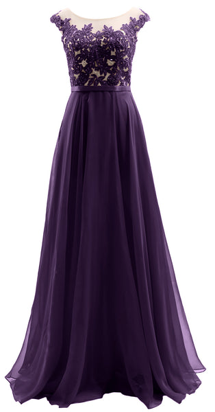MACloth Cap Sleeves Illusion Long Prom Dress Lace Chiffon Wedding Party Dress